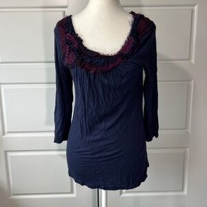 One Sept Navy Blue‎ Ruffle Neck 3/4 Sleeve Top Blouse Size M